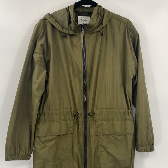 GAP Fit Upcycled Parka Jacket Hooded Cinched Waist Water Resistant Longline L - Picture 3 of 13